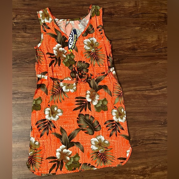 New Palmwave Hawaii Womens Size M Hawaiian Dress Waist Tie Orange Floral Mini - Picture 2 of 4